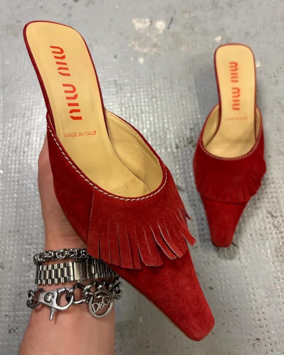 2000s Miu Miu Red Suede Leather Fringed Pumps Heels