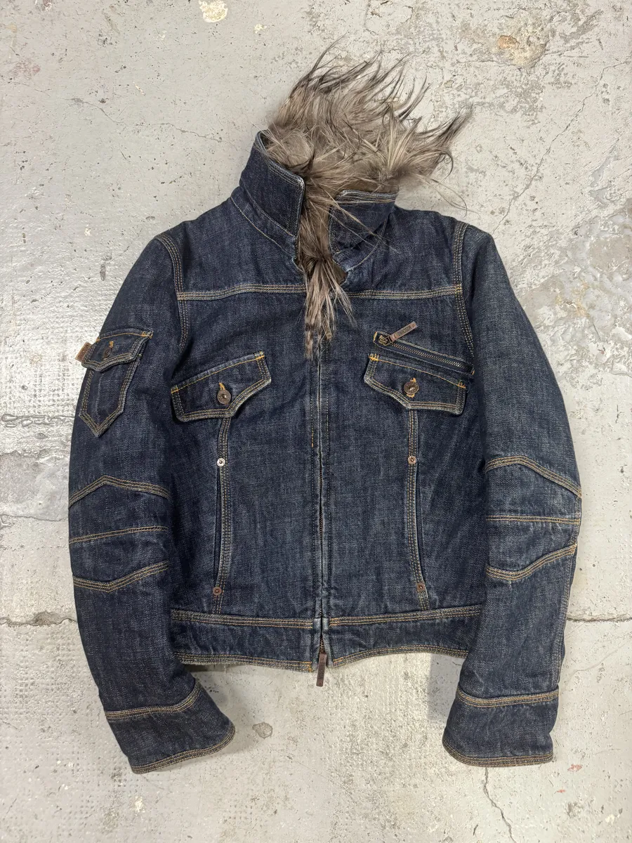 2000s Moschino Astro Fur Biker Faded Denim Jacket - Image 2