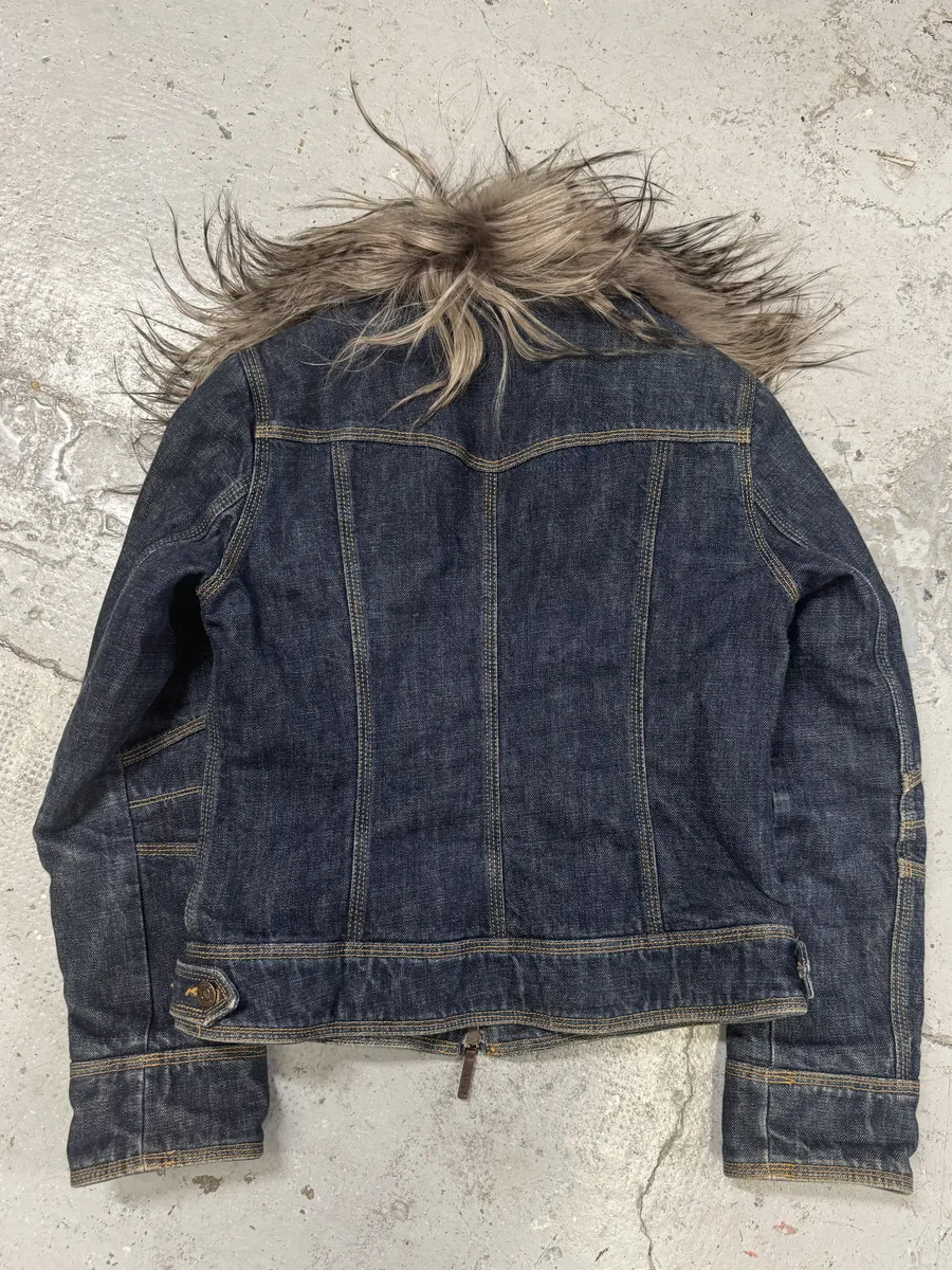 2000s Moschino Astro Fur Biker Faded Denim Jacket - Image 5