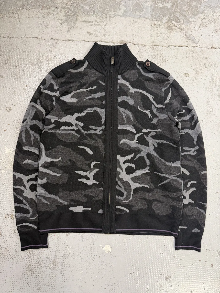 2000s Moschino Black & Camo Zip-up Sweater