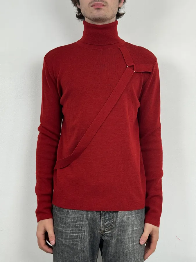 2000s Moschino Bondage Red Wool Turtleneck Sweater - Image 2