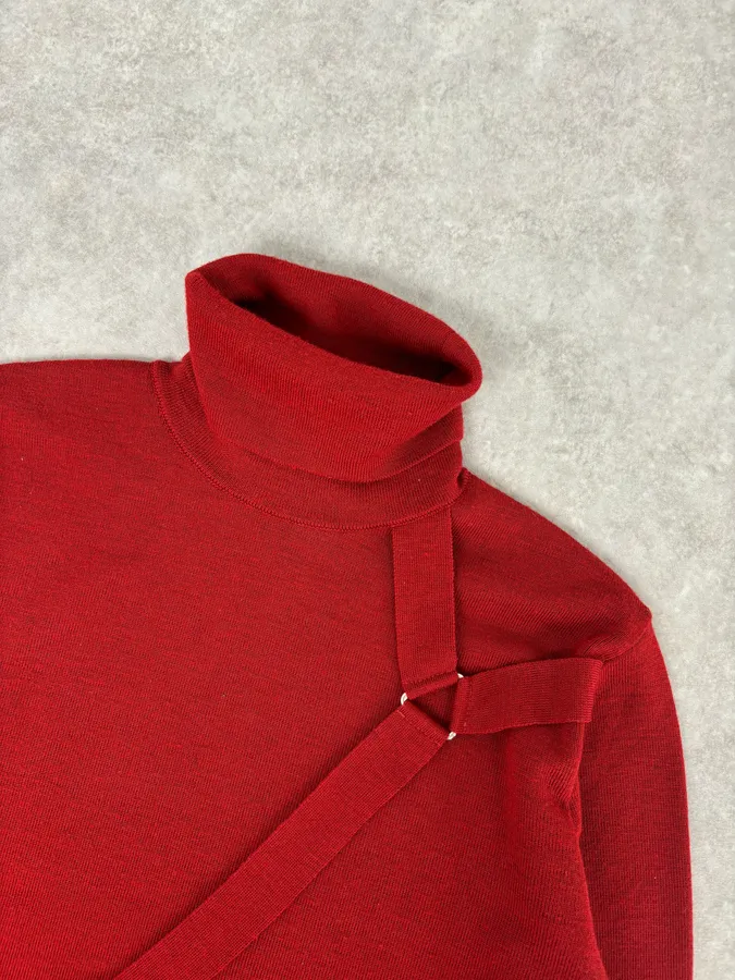 2000s Moschino Bondage Red Wool Turtleneck Sweater - Image 4