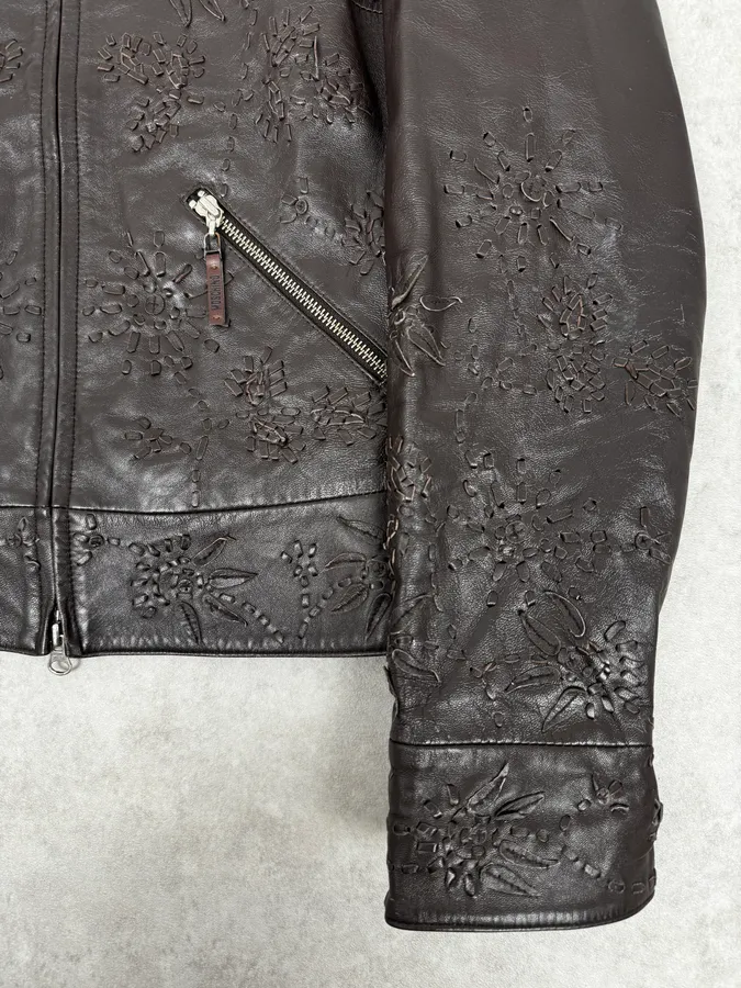 2000s Moschino Brown Flowers Embroidery Leather Jacket - Image 8