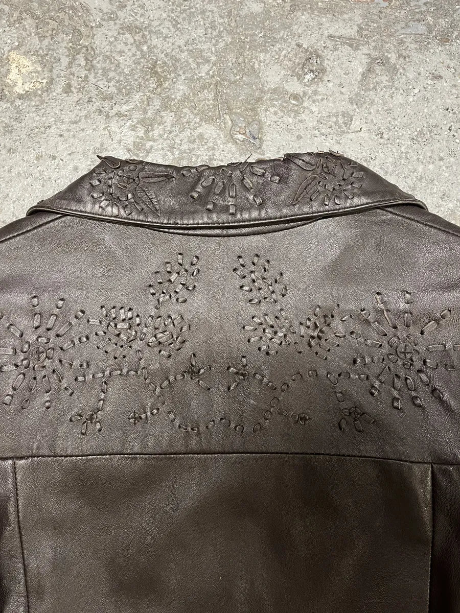 2000s Moschino Embossed Flower Ornament Leather Jacket - Image 3