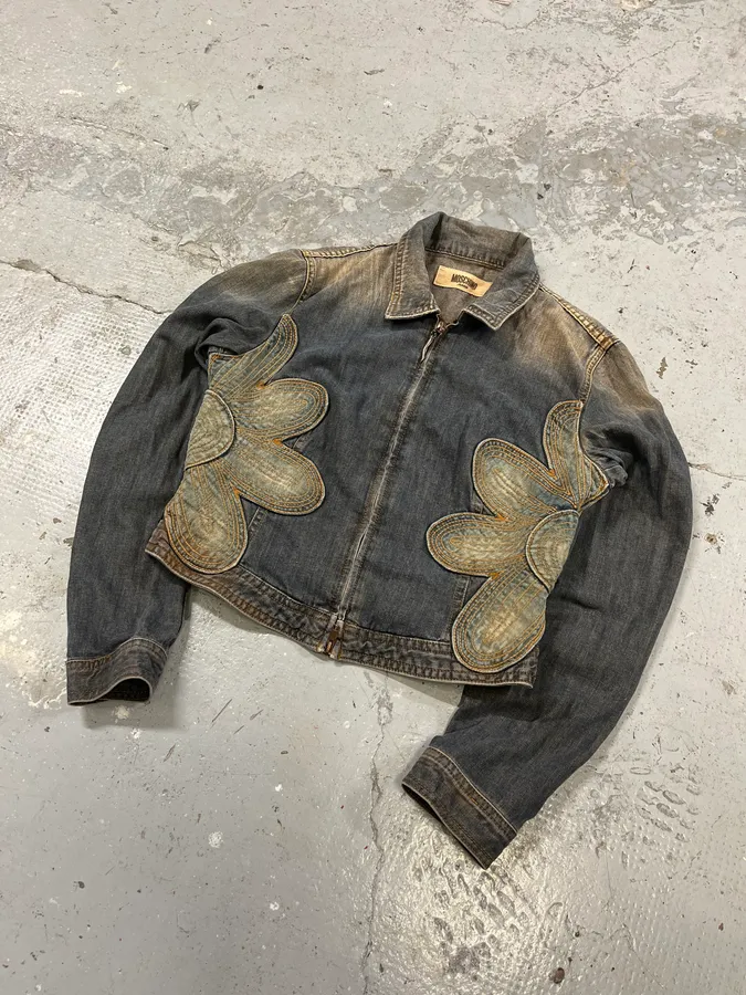 2000s Moschino Flowers Patches Faded Denim Jacket - Image 3