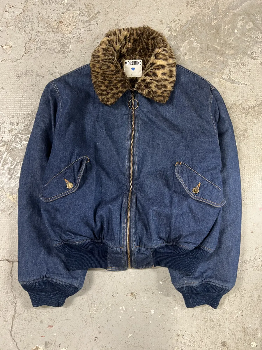 2000s Moschino Fur Leopard Print Denim Bomber Jacket