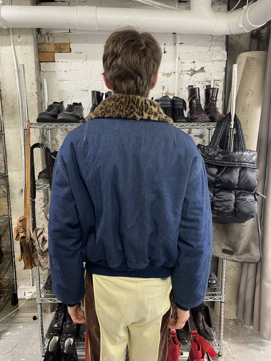 2000s Moschino Fur Leopard Print Denim Bomber Jacket - Image 4