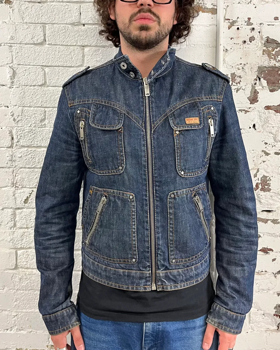 2000s Moschino Multi-Zip Blue Worker Denim Jacket - Image 3