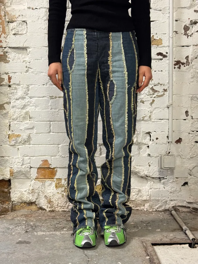 2000s Moschino Patchwork Lines Blue Denim Jeans - Image 2