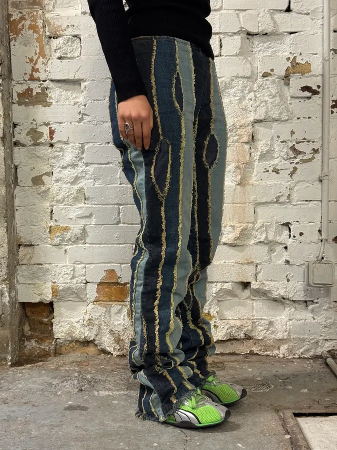 2000s Moschino Patchwork Lines Blue Denim Jeans - Image 3