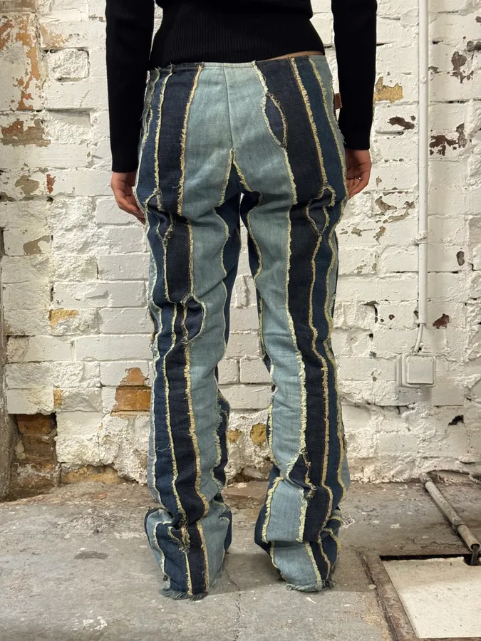 2000s Moschino Patchwork Lines Blue Denim Jeans - Image 4