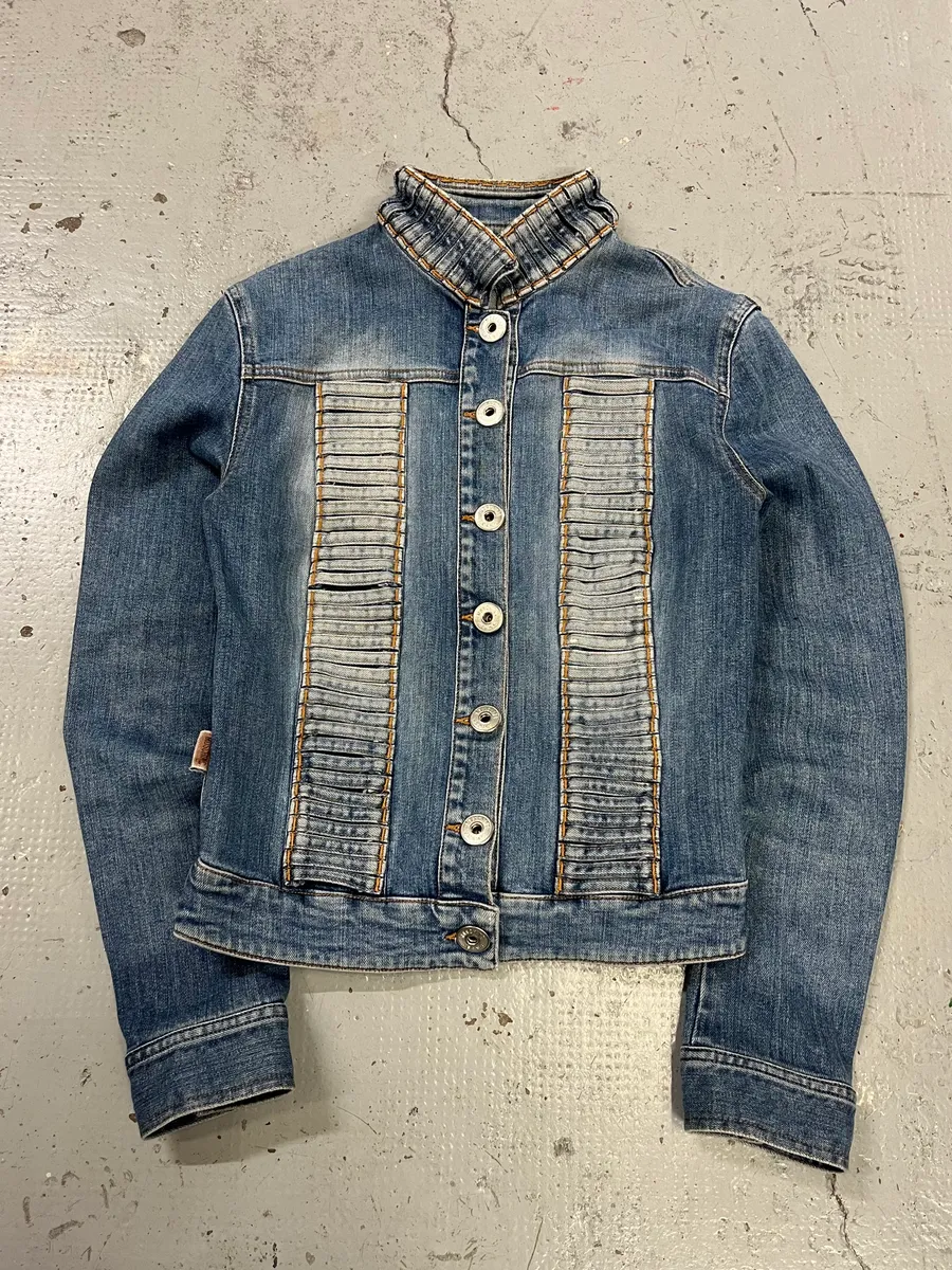 2000s Moschino Pleated Blue Buttoned Denim Jacket - Image 2