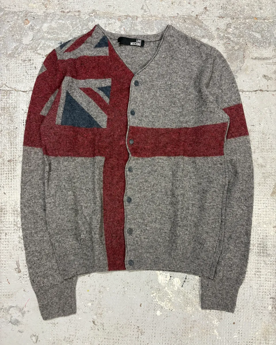 2000s Moschino UK Flag Grey Wool Cardigan