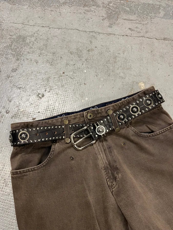 2000s Nanni Black Crocodile Effect Leather Studded Belt - Image 3