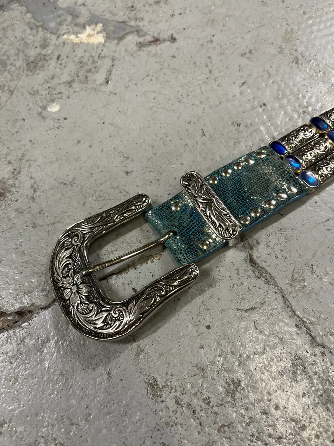 2000s Nanni Blue Studded Metal Cowboy Belt - Image 4
