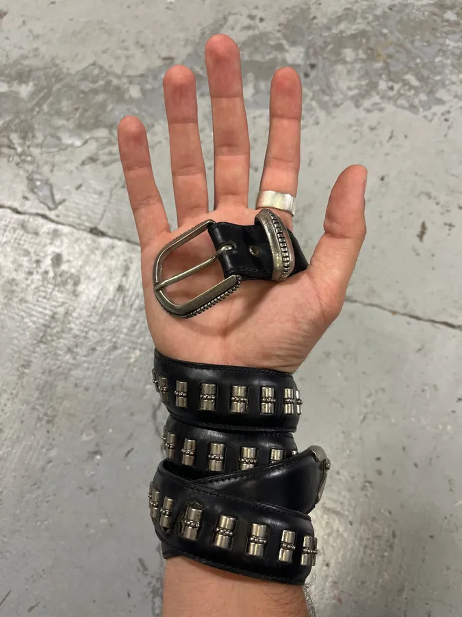 2000s Nanni Metal Bullet Black Leather Belt - Image 2