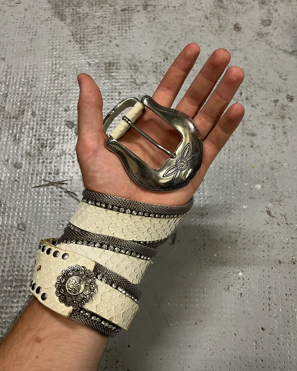 2000s Nanni Metal White Crocodile Effect Leather Belt