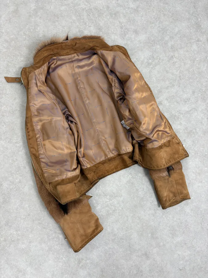 2000s Olivieri Beige Leather Faux Fur Jacket - Image 7