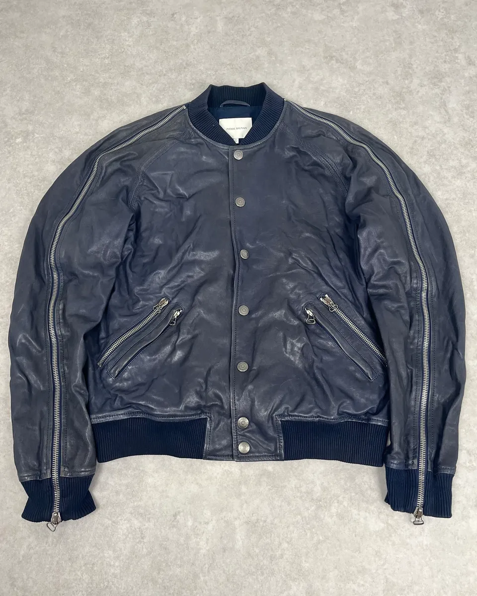 2000s Pierre Balmain Navy Arm Zips Leather Biker Jacket