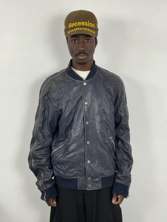 2000s Pierre Balmain Navy Arm Zips Leather Biker Jacket - Image 2