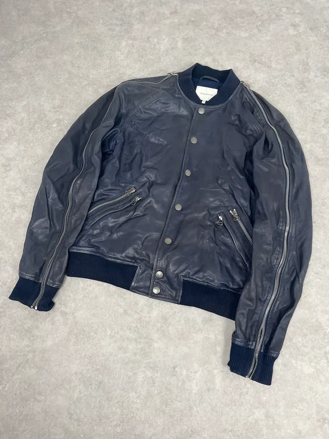 2000s Pierre Balmain Navy Arm Zips Leather Biker Jacket - Image 4