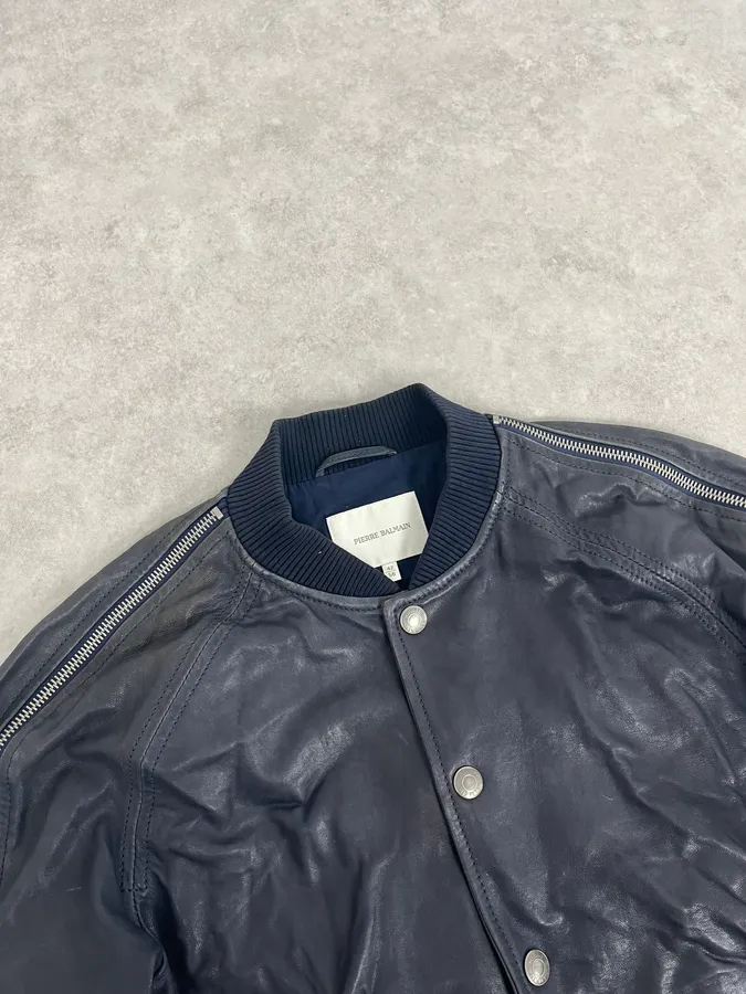 2000s Pierre Balmain Navy Arm Zips Leather Biker Jacket - Image 5