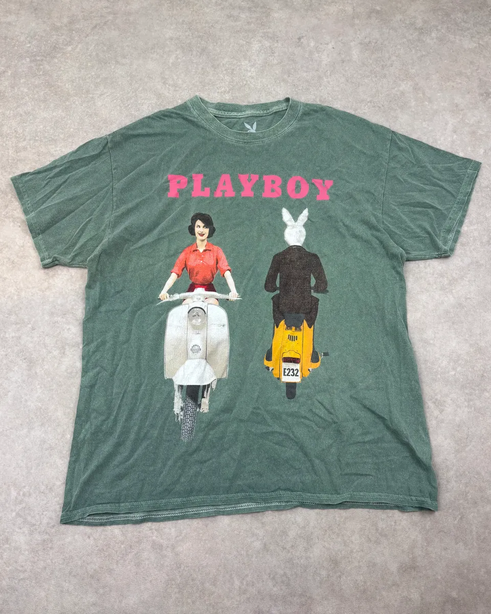 2000s Playboy Faded Green Scooter Logo Relaxed T-Shirt