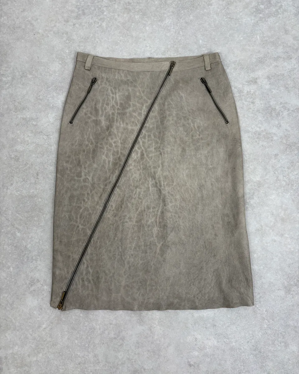 2000s Plein Sud Asymmetrical Zip Beige Leather Skirt