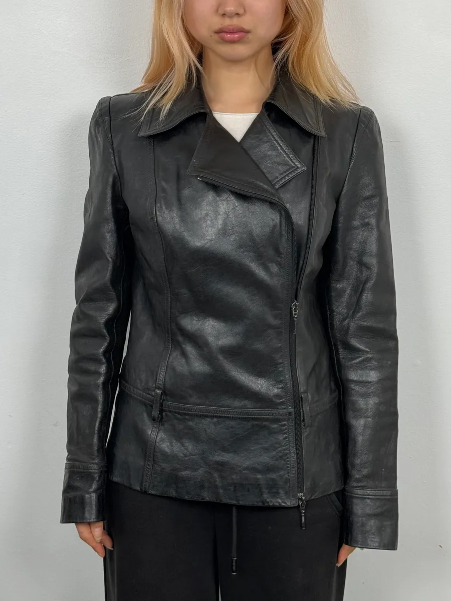 2000s Plein Sud Black Asymmetrical Biker Leather Jacket