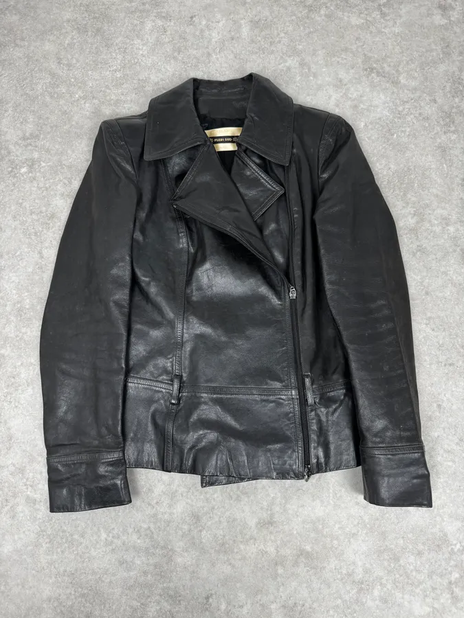 2000s Plein Sud Black Asymmetrical Biker Leather Jacket - Image 3