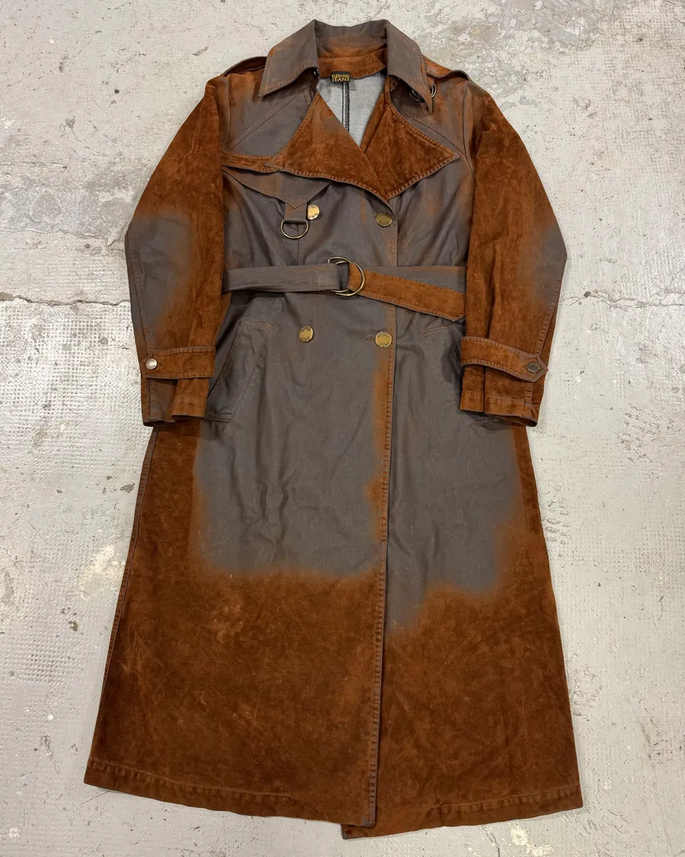 2000s Plein Sud Brown Eroded Waxed Effect Trench Jacket