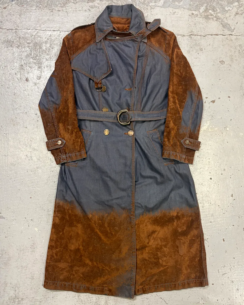 2000s Plein Sud Brown Suede Waxed Denim Two-Tone Trench Coat