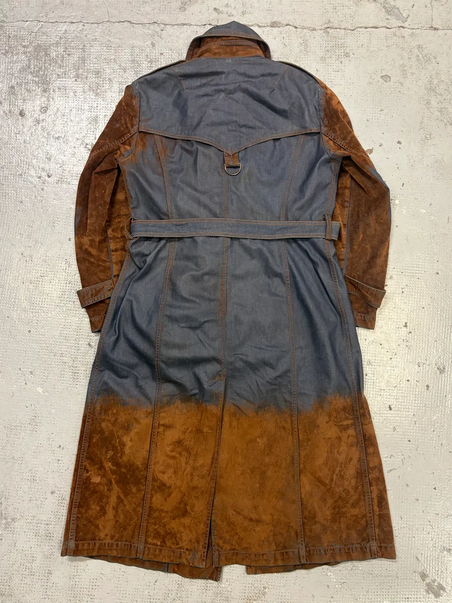 2000s Plein Sud Brown Suede Waxed Denim Two-Tone Trench Coat - Image 5