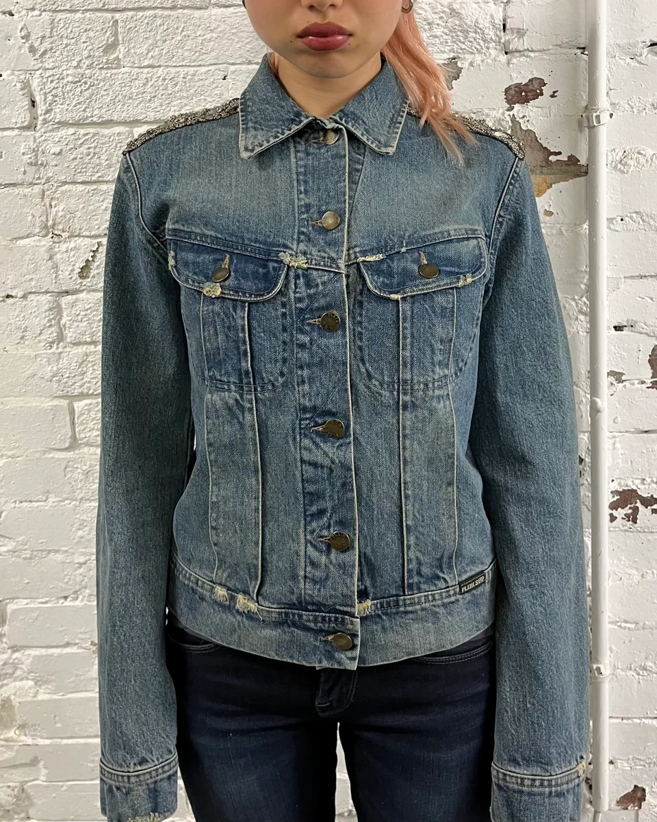 2000s Plein Sud Deadskull Embroidered Blue Denim Jacket - Image 3