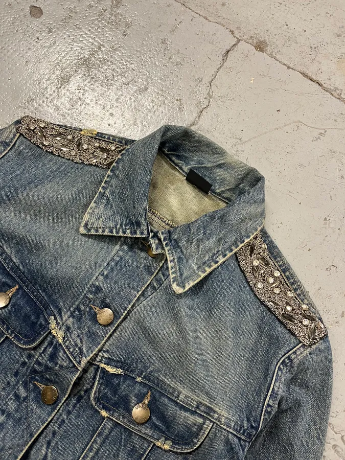 2000s Plein Sud Deadskull Embroidered Blue Denim Jacket - Image 6