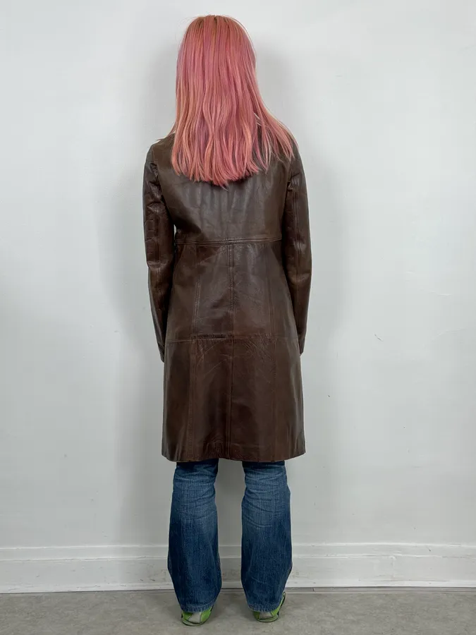 2000s Plein Sud Embellished Holes Brown Leather Trench Long Jacket - Image 3