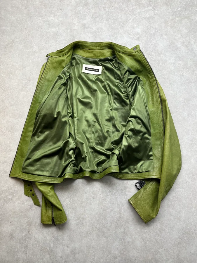 2000s Plein Sud Green Lamb Leather Moto Jacket - Image 9