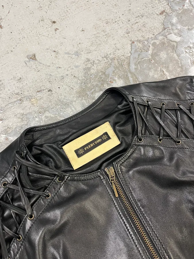 2000s Plein Sud Lace Up Biker Black Leather Jacket - Image 6