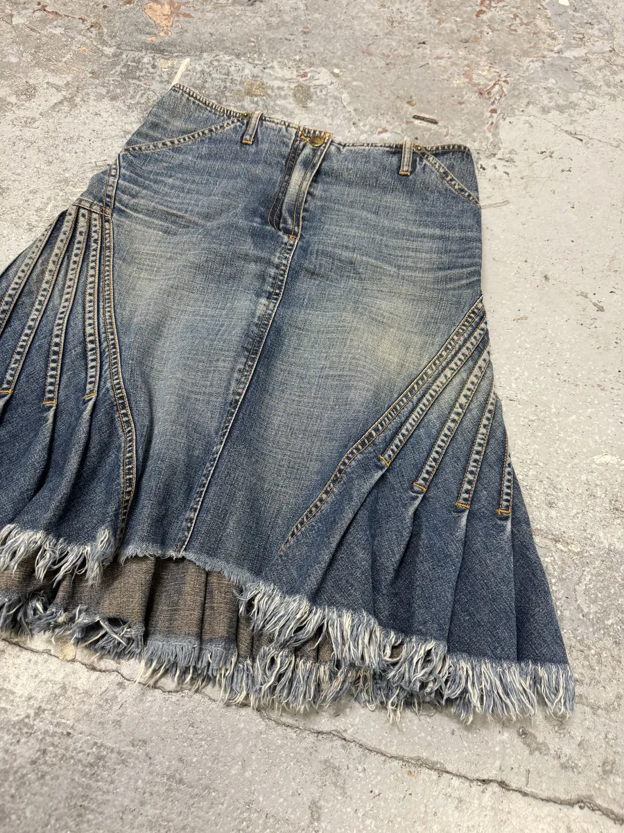 2000s Plein Sud Pleats Blue Denim Vest & Skirt Set - Image 12