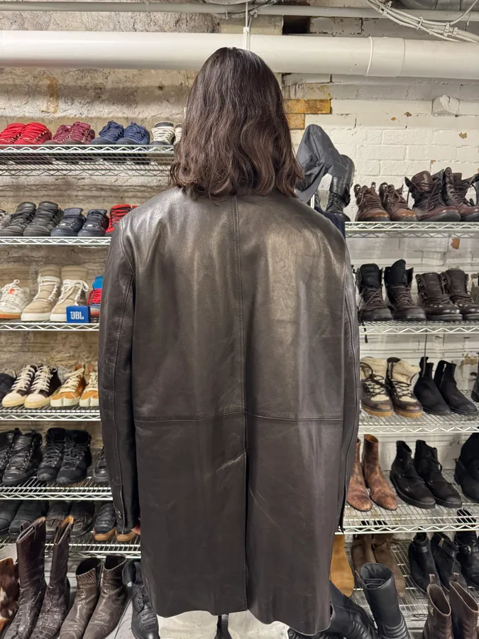 2000s Prada Adonis Hasselt Deep Brown Classy Long Leather Jacket - Image 4