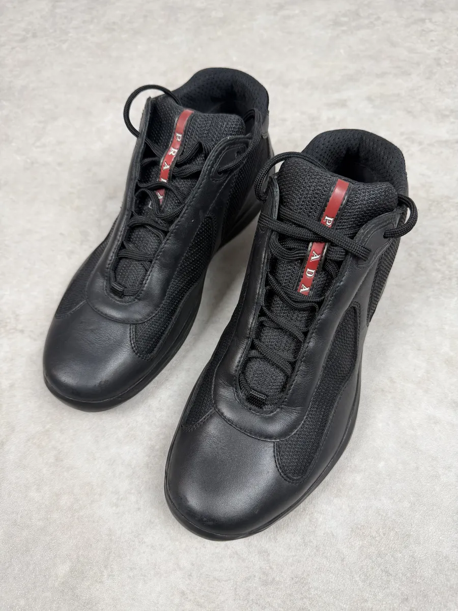2000s Prada America’s Cup High Black Leather Sneakers - Image 2