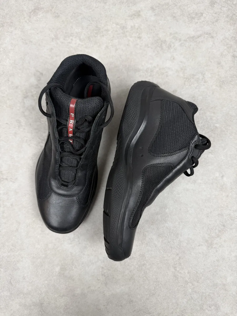 2000s Prada America’s Cup High Black Leather Sneakers - Image 3