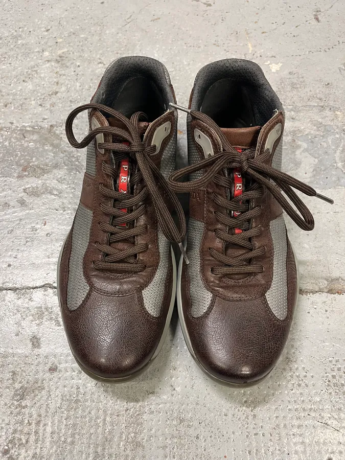 2000s Prada America’s Cups Brown Leather Hybrid Mid Sneakers - Image 4