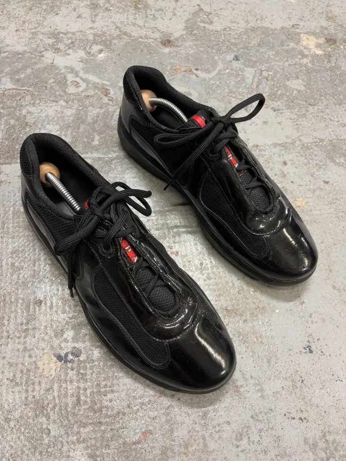 2000s Prada America’s Cup Black Satin Leather Shoes - Image 4