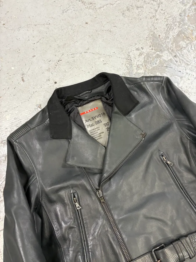 2000s Prada Asymmetrical Black Leather Jacket - Image 5