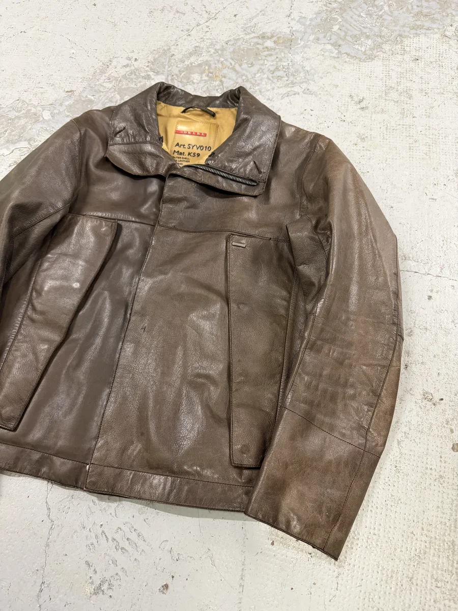 2000s Prada Asymmetrical Brown Premium Leather Jacket - Image 7
