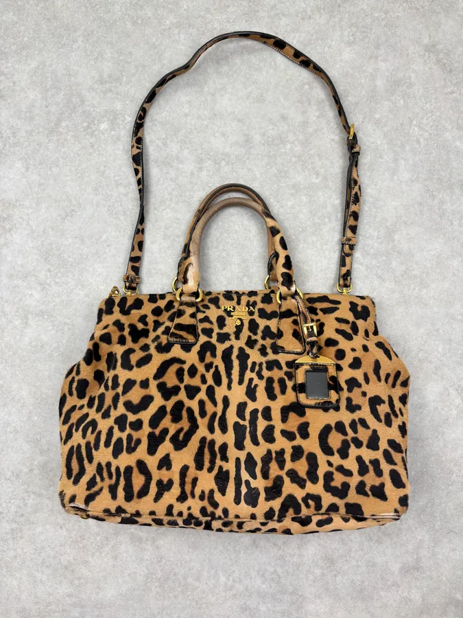 2000s Prada Beige Calf Hair Leopard Print Handle Bag - Image 4