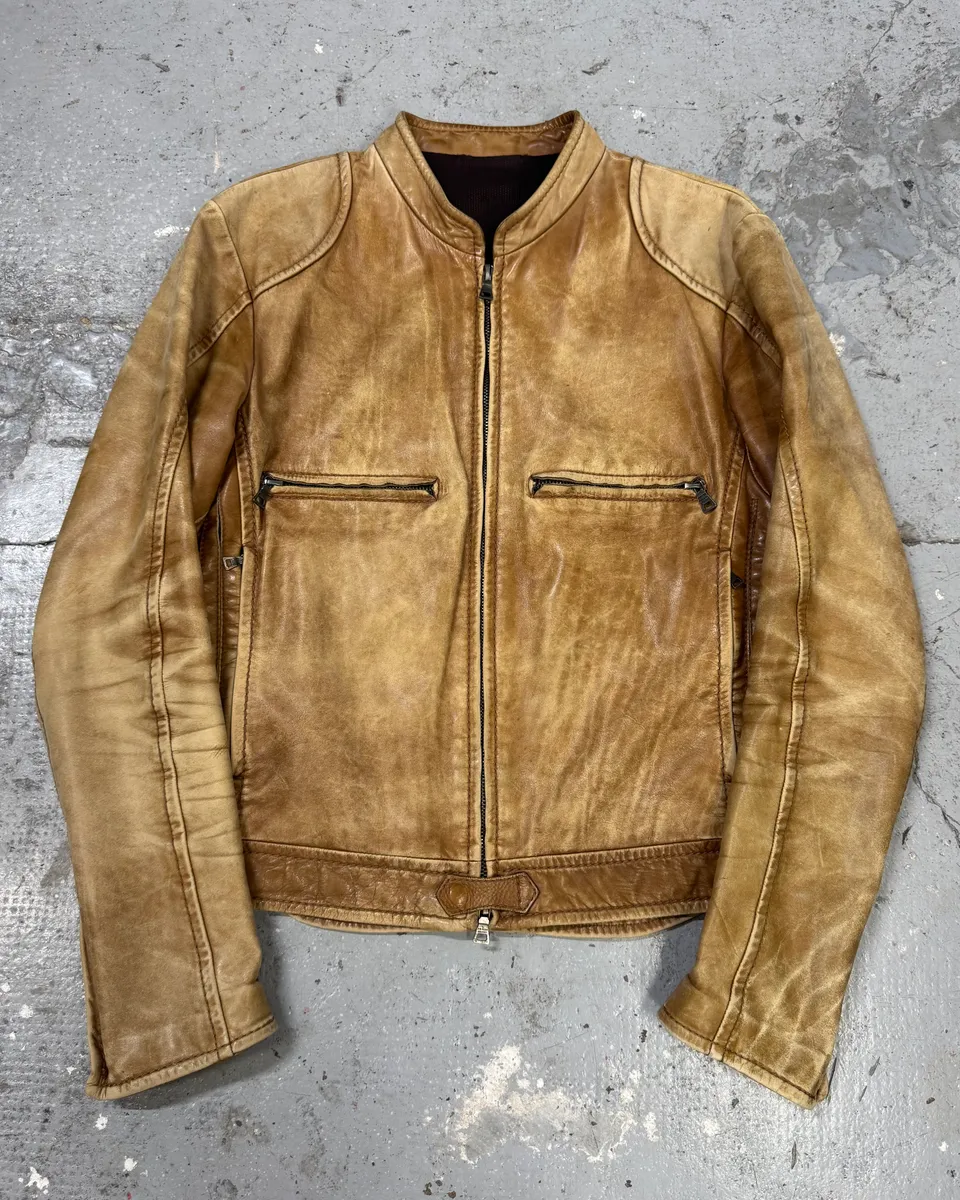 2000s Prada Biker Aged Brown Leather Jacket
