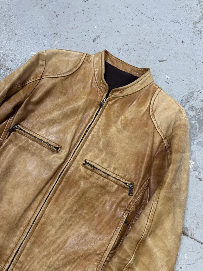 2000s Prada Biker Aged Brown Leather Jacket - Image 6