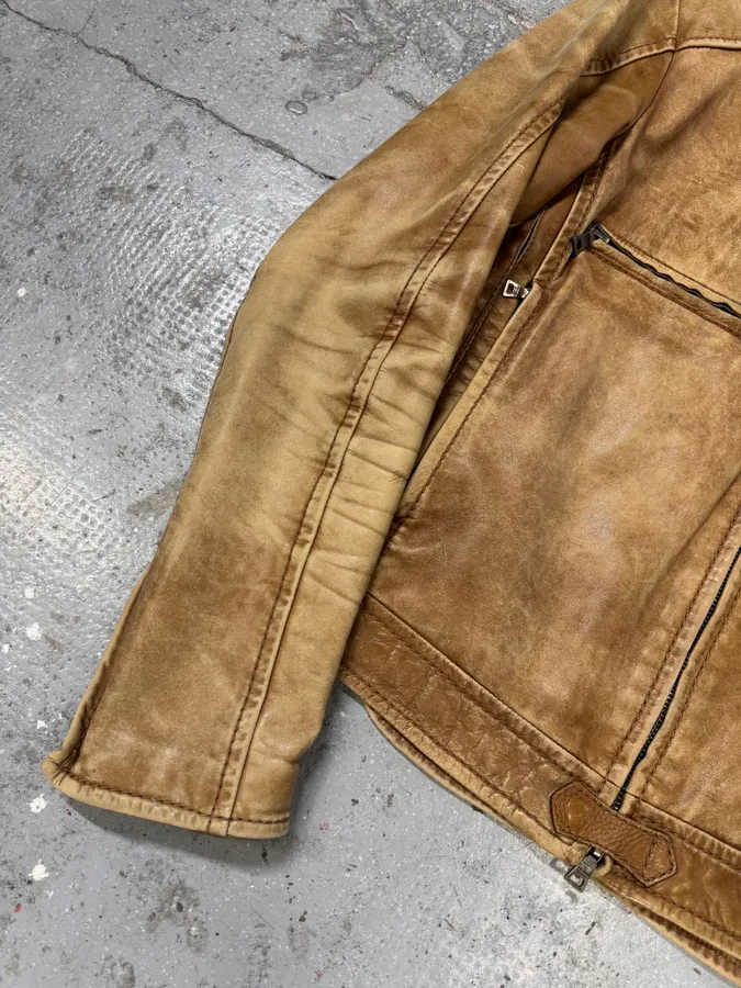 2000s Prada Biker Aged Brown Leather Jacket - Image 8